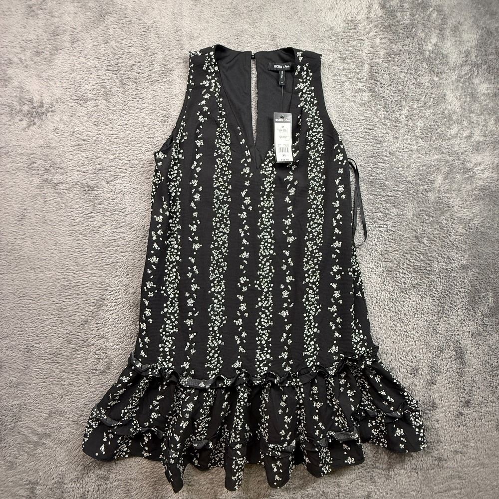 BCBG Paris V Neck Dress NWT Womens M Black White Floral Sleeveless Tiered Ruffle